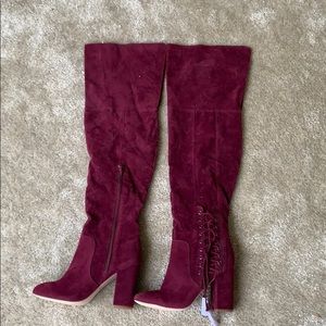 Maroon Over The Knee Heeled Boots